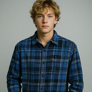 Vintage LEE Men's Navy and Blue Plaid Button Down Shirt